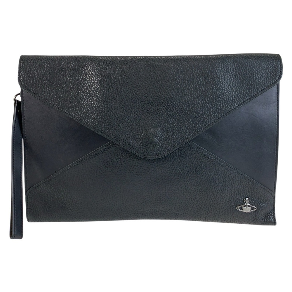 Vivienne Westwood black leather clutch bag with silver hardware, unisex.